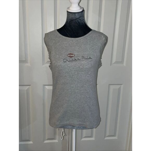 Harley Davidson Chicks Rule Lansing Lace  Trim Tank Top Made In USA Women Large - Picture 1 of 4